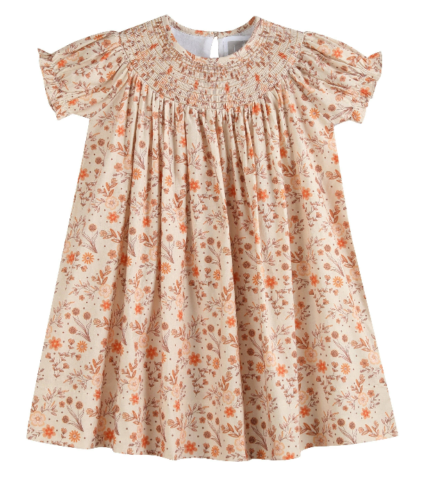 Brown Floral Smocked Bishop Dress