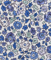 A close-up of a fabric pattern featuring blue, purple, and light blue flowers with black outlines on a white background.