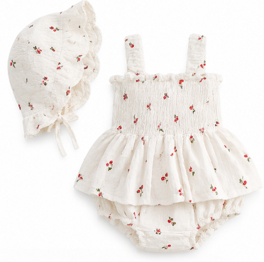 Cherry Smocked Baby Romper with Matching Hat