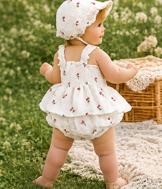 Cherry Smocked Baby Romper with Matching Hat