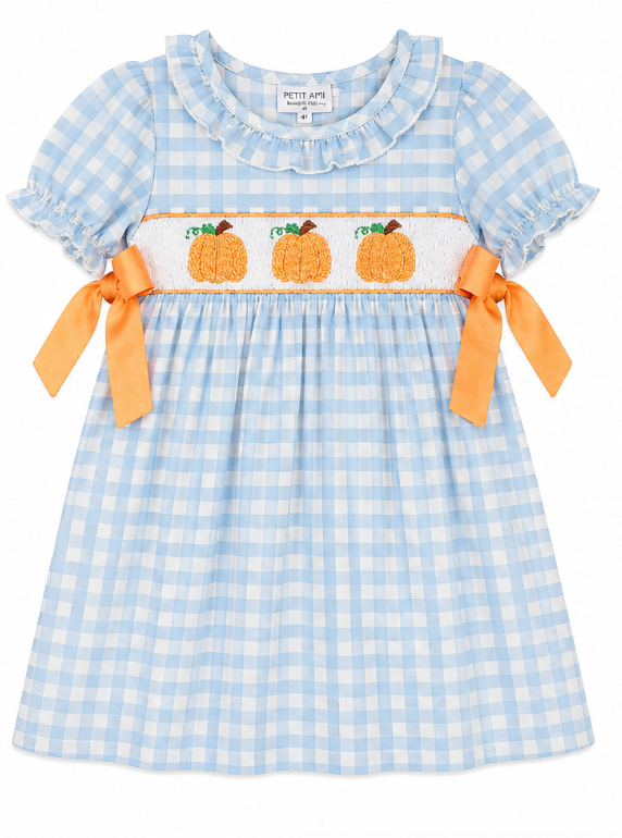 Girls Thanksgiving Pumpkin Smocking Plaid Dress