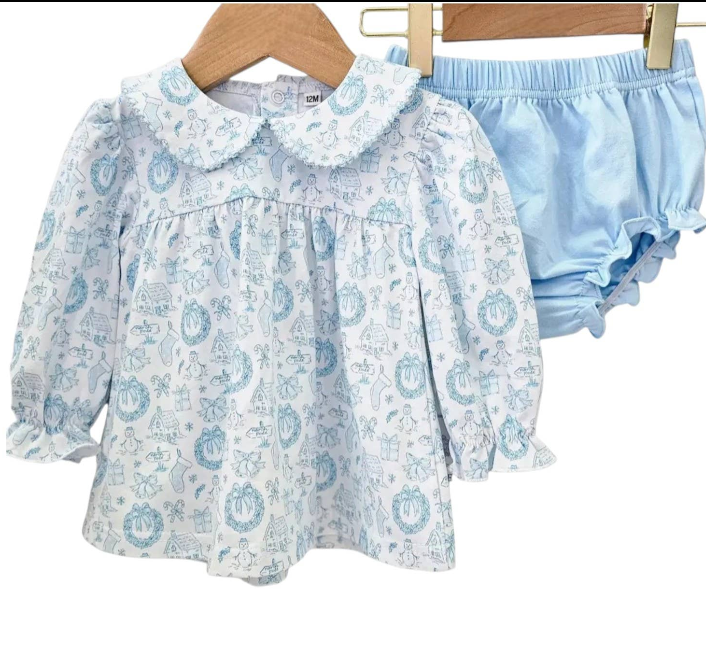 Blue Christmas Toile Bloomer Set