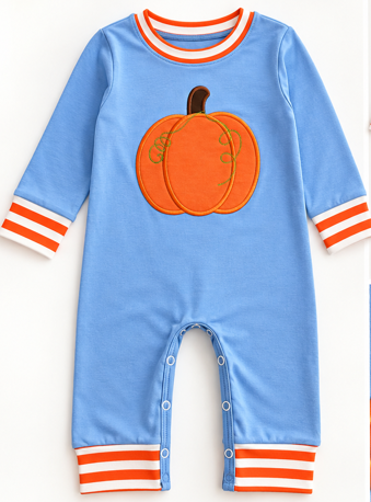 Blue Pumpkin Appliqué Boys Romper | Fall Baby & Toddler Outfit