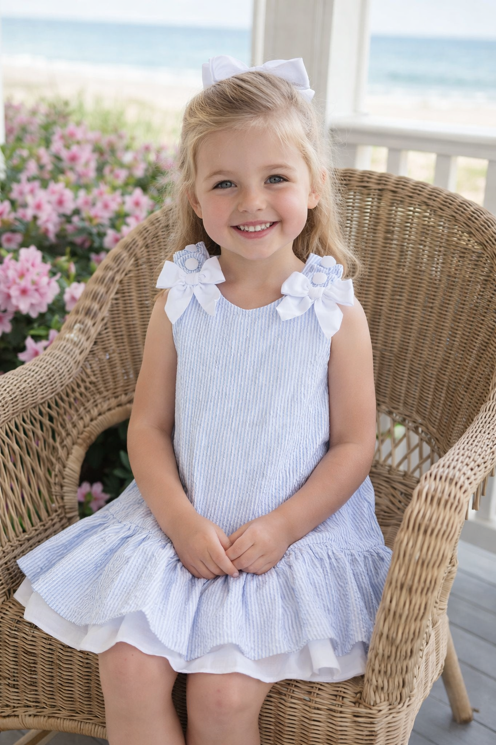 Light Blue Seersucker Ruffle Dress