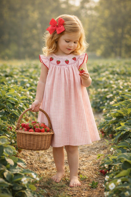 Baby Girls Strawberry Embroidered Plaid Smocked Dress