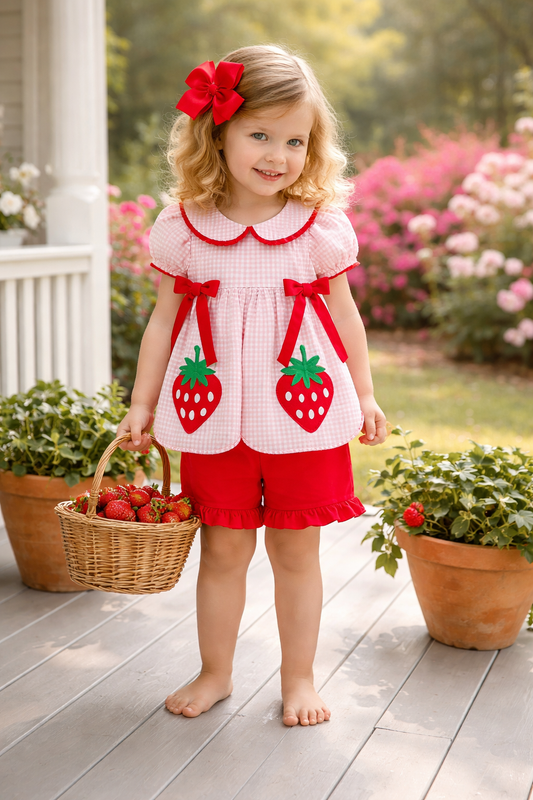 Girls' Plaid Smocked Strawberry Applique Shorts Set