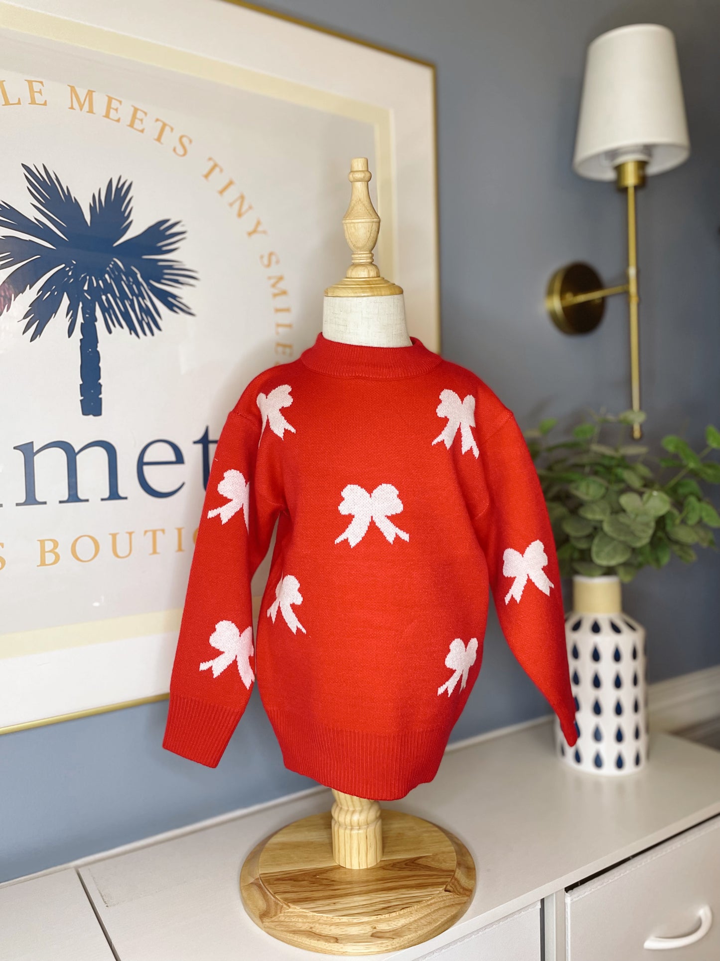 Kids Red Bow Crew Neck Christmas Holiday Winter Sweater