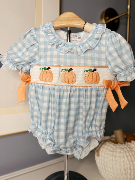 Thanksgiving Pumpkin Embroidery Smocking Blue Plaid Romper