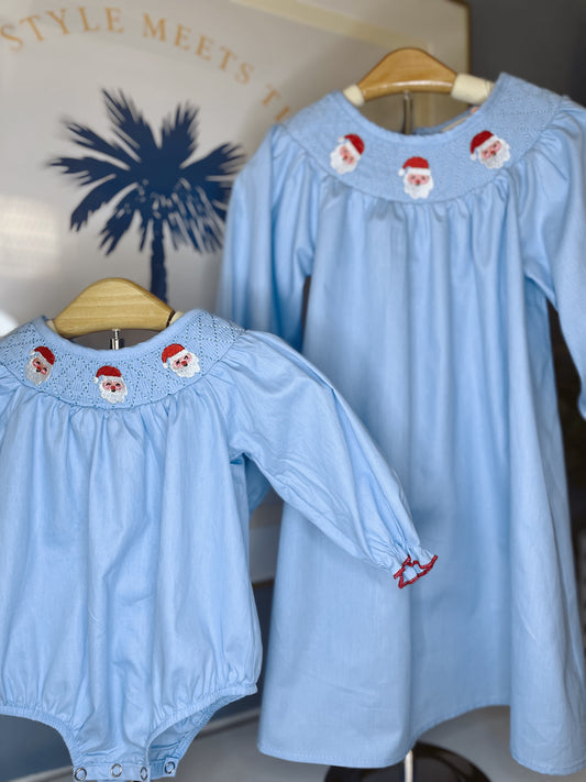 Blue Chambray Smocked Santas Ruffle Dress