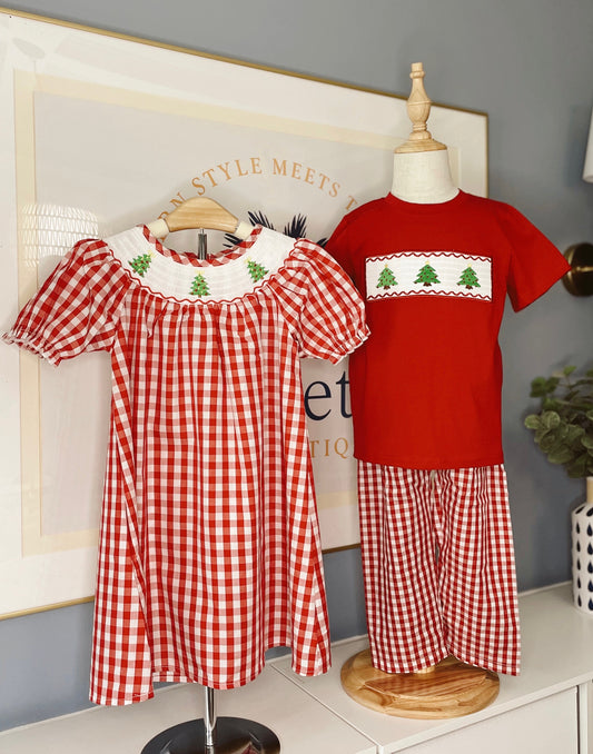 Christmas Smocking Embroidered Christmas Tree Plaid  Boy Set