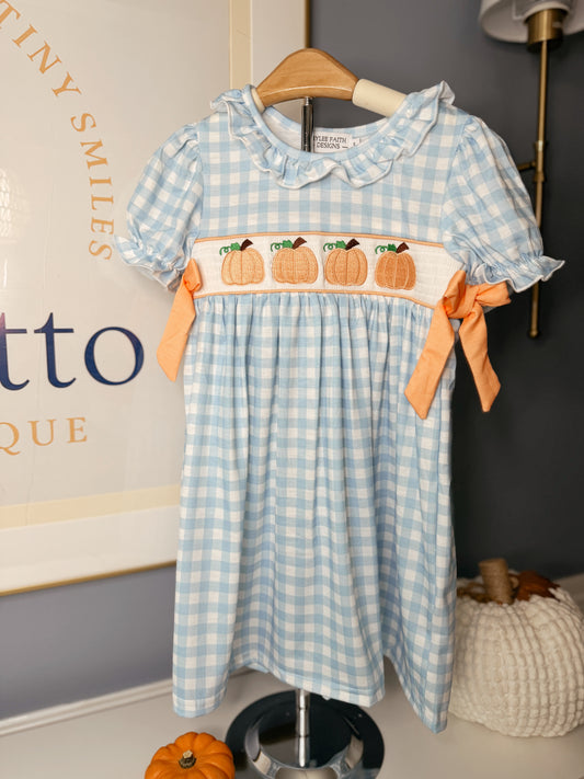 Thanksgiving Pumpkin Embroidery Smocking Blue Plaid Dress