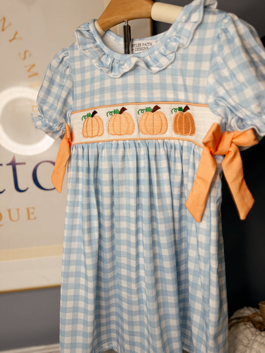 Thanksgiving Pumpkin Embroidery Smocking Blue Plaid Dress