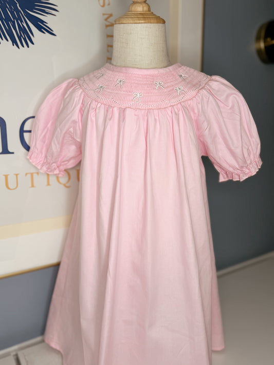 White Bow Smock Embroidered Pink Dress