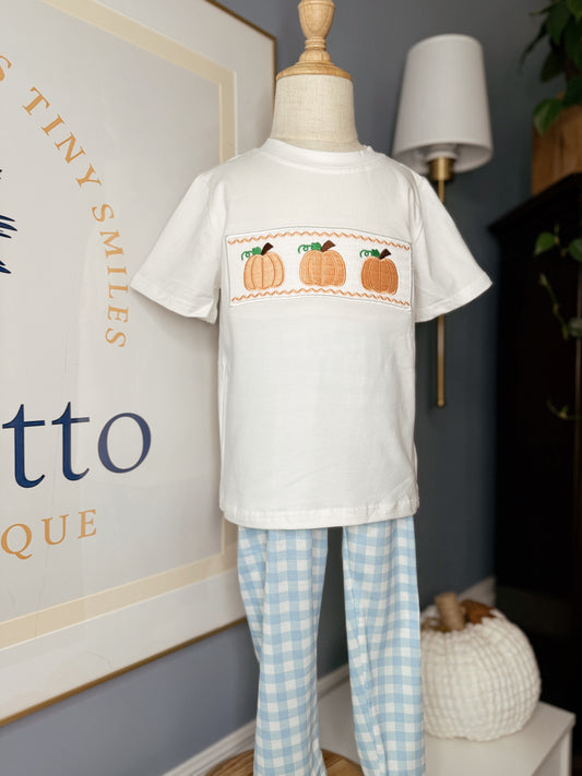 Boys Fall Thanksgiving Pumpkin Embroidery Smocking Blue Plaid Set
