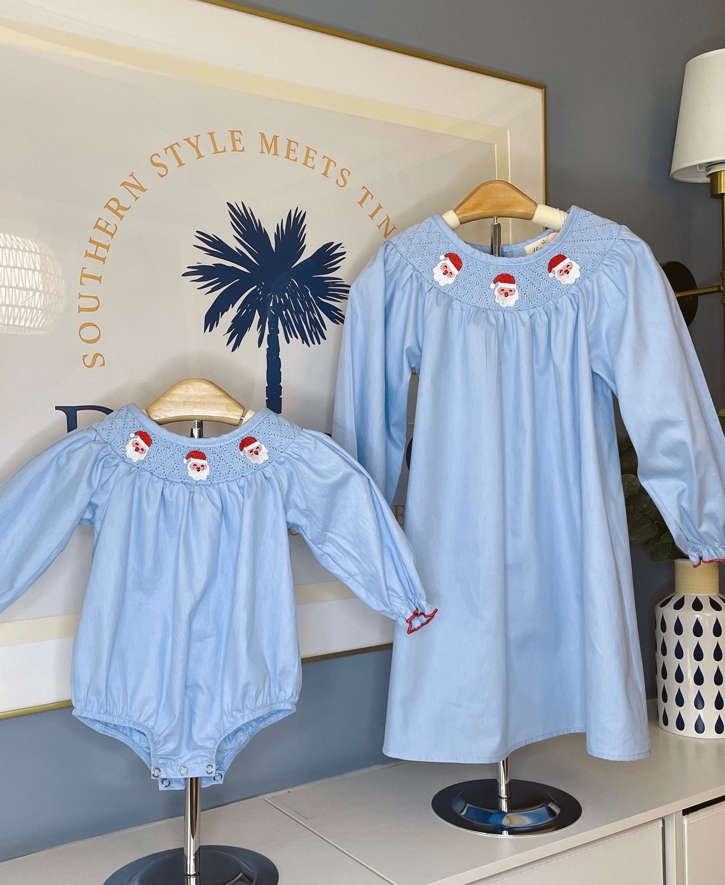 Blue Chambray Smocked Santas Ruffle Bubble