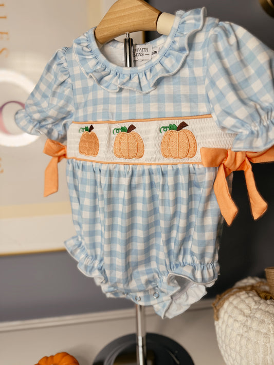 Thanksgiving Pumpkin Embroidery Smocking Blue Plaid Romper