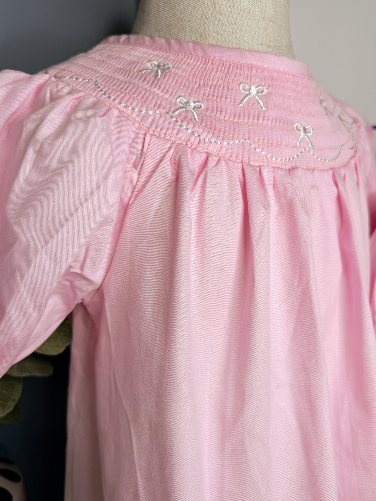 White Bow Smock Embroidered Pink Dress