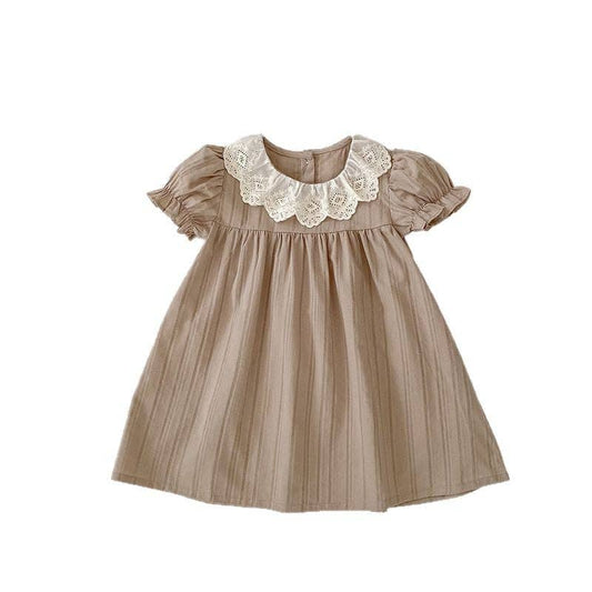 Brown dress with lace collar on a white background