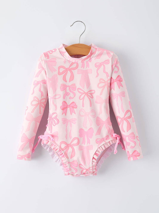Summer Bow Print Girls Long Sleeve Ruffle One Piece Swimsuit