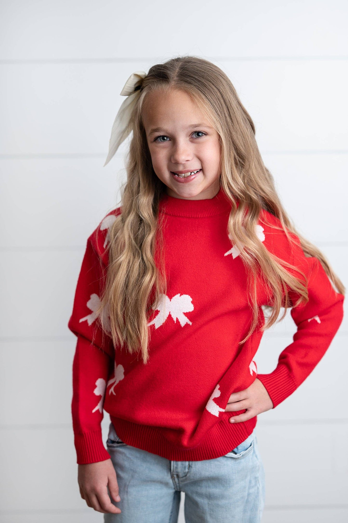 Kids Red Bow Crew Neck Christmas Holiday Winter Sweater