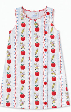 Back view of girls back to school apple print boutique dress with a classic A-line silhouette.