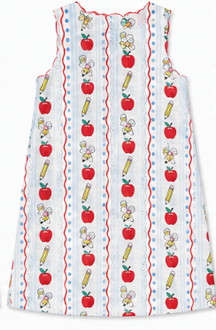 Girls back to school dress featuring an apple and pencil print, red scalloped trim, decorative buttons, and a sleeveless A-line design by Palmetto Kids Boutique.