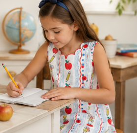 Little girl wearing a back to school apple print dress while holding a backpack on her first day of school.