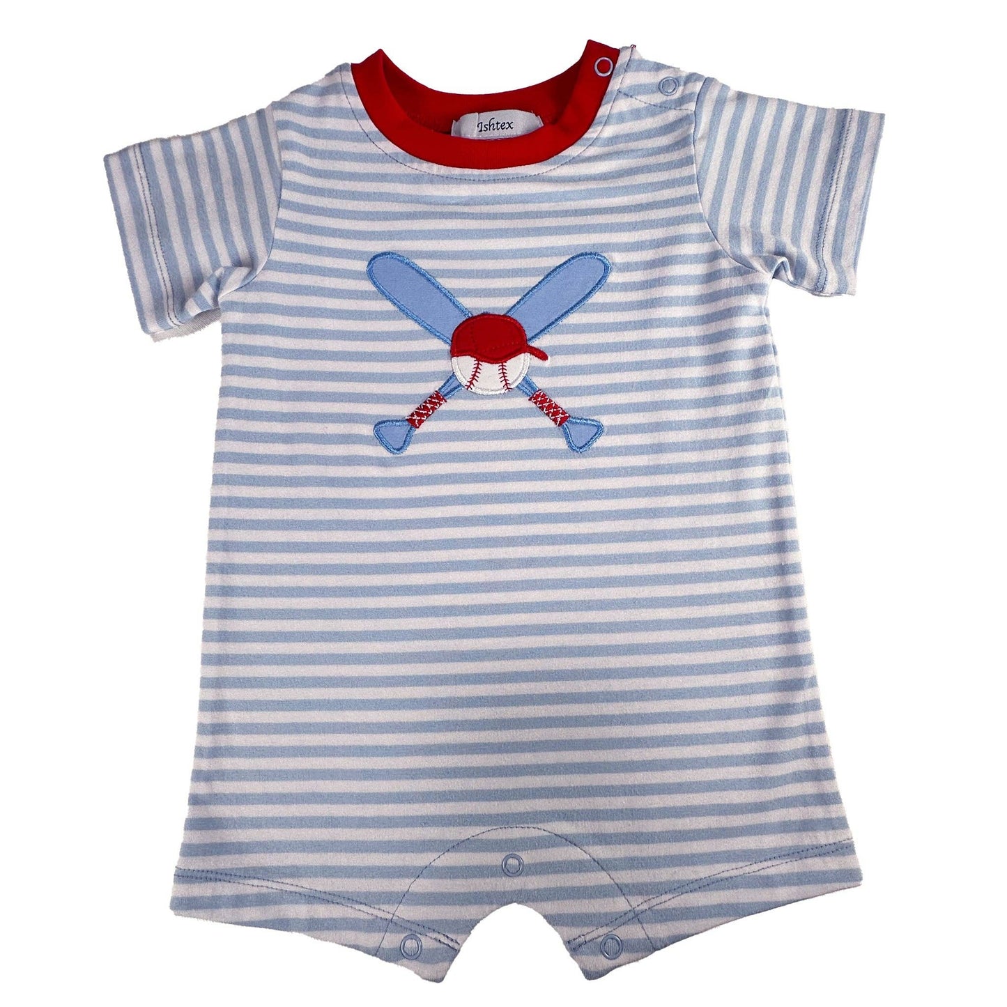 Blue stripe baby boy romper with baseball bat and baseball appliqué by Palmetto Kids Boutique.