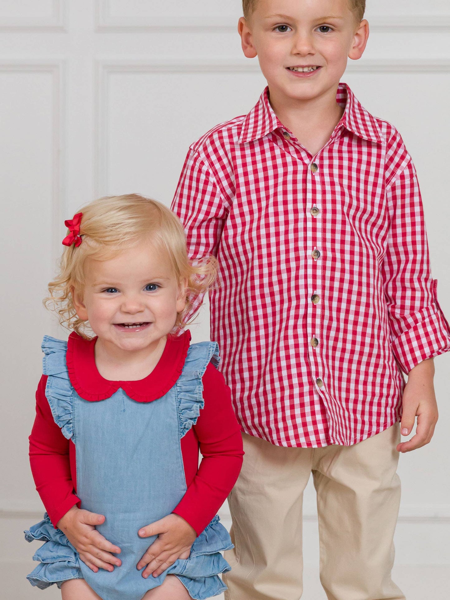 Boys Classic Red Gingham Long Sleeve Button Down: Red