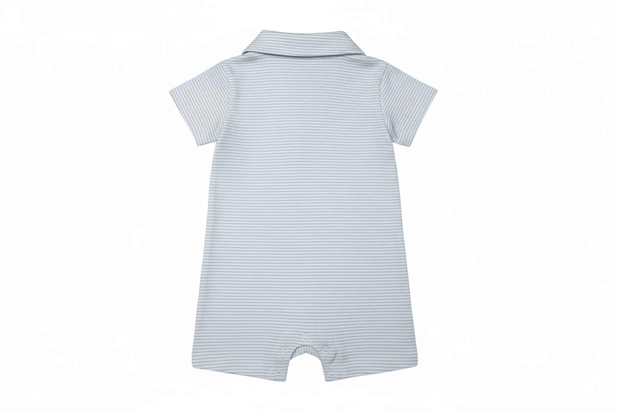Back view of blue stripe baby boy shortall with classic collared design and snap closures.