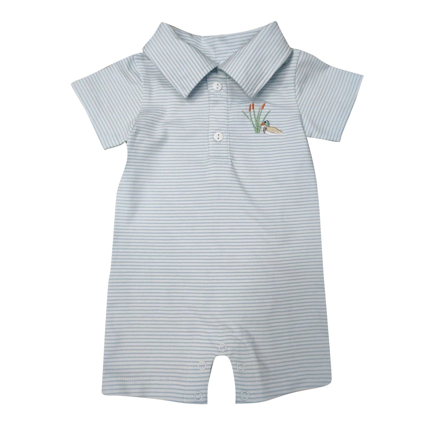 Blue stripe baby boy shortall with embroidered mallard duck, collared neckline, and snap closures by Palmetto Kids Boutique.
