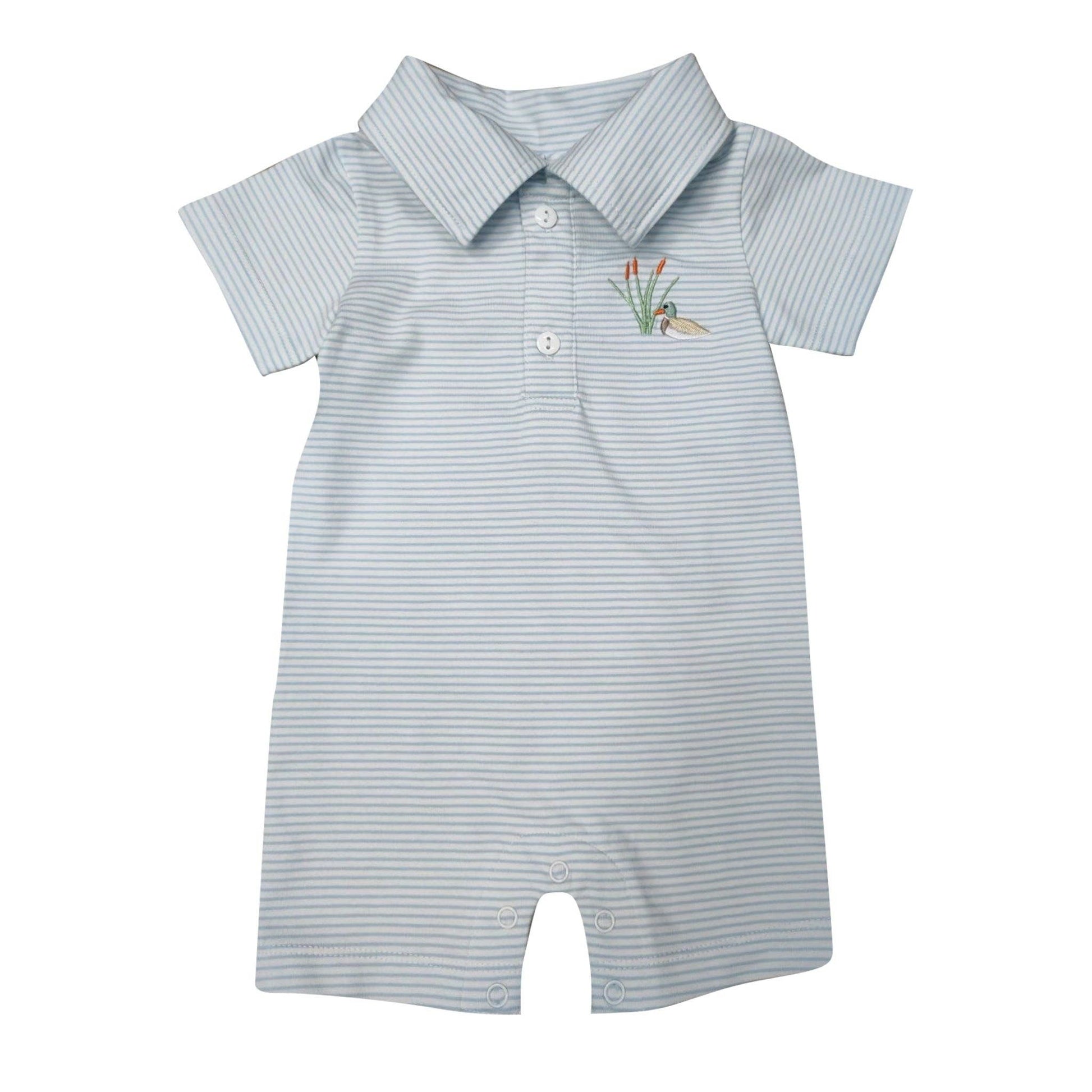 Blue stripe baby boy shortall with embroidered mallard duck, collared neckline, and snap closures by Palmetto Kids Boutique.