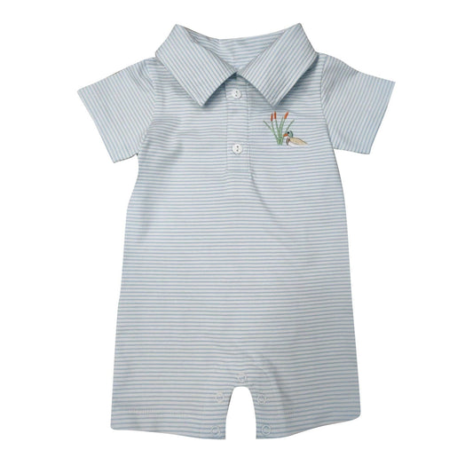 Blue stripe baby boy shortall with embroidered mallard duck, collared neckline, and snap closures by Palmetto Kids Boutique.