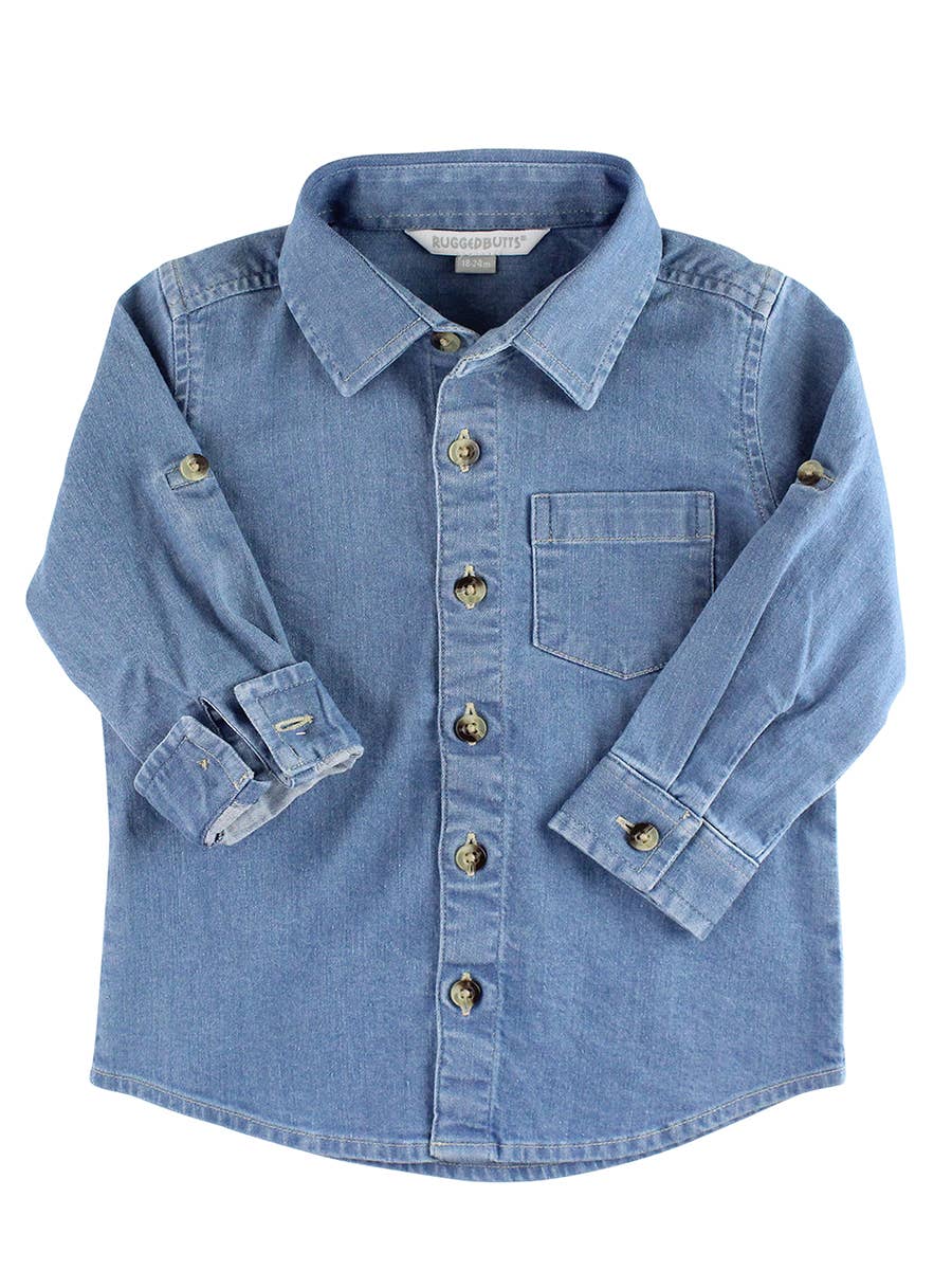 Boys Light Wash Long Sleeve Button Down: Blue