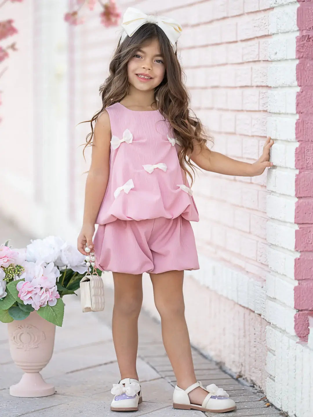 Girls Pink Bow Bubble Short Set