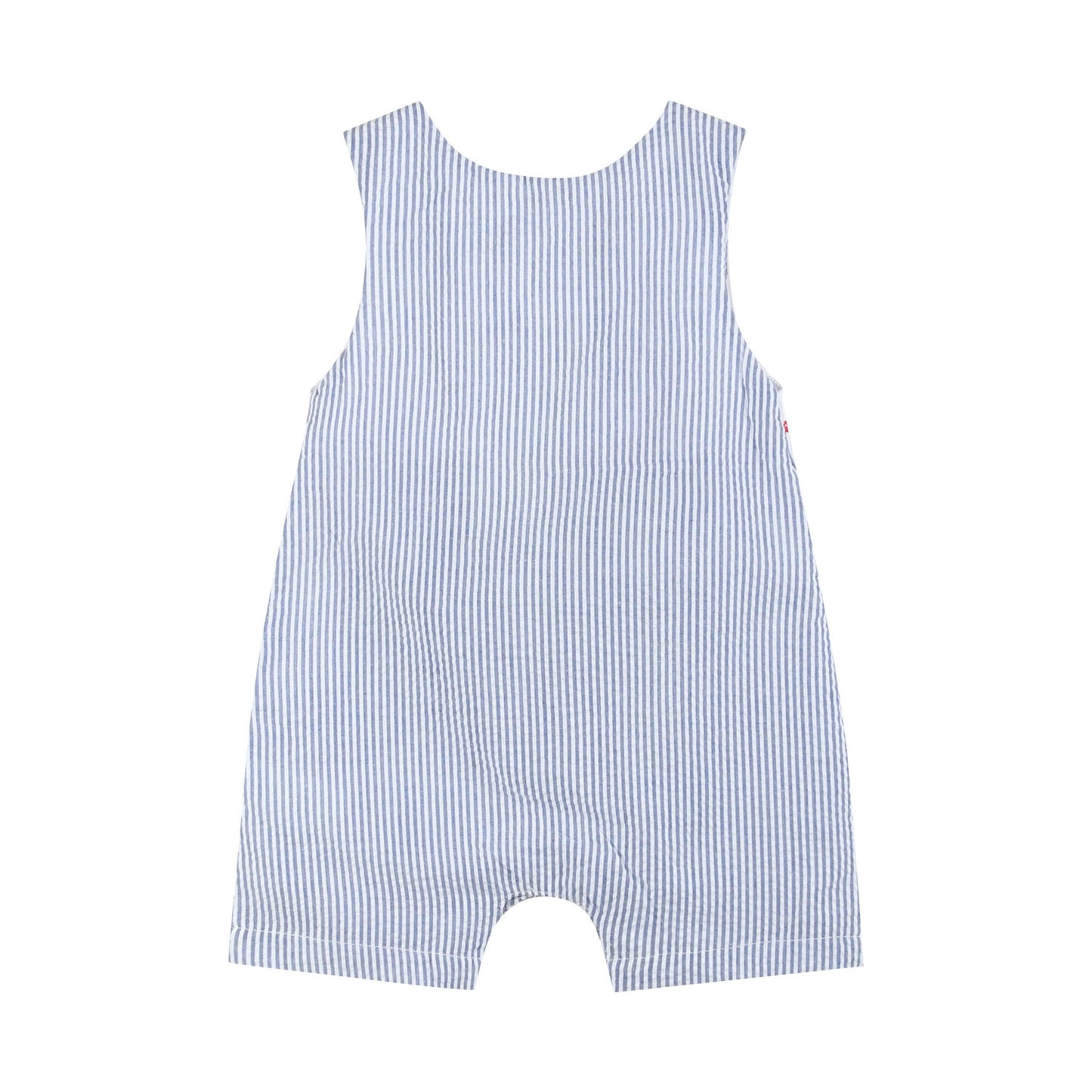 Back view of classic blue seersucker baby boy shortall with snap closures and red shoulder buttons.