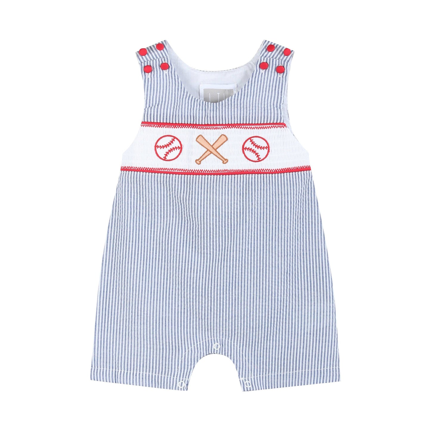 Classic blue seersucker baby boy shortall with embroidered baseballs, crossed bats, and red button shoulder details by Palmetto Kids Boutique.
