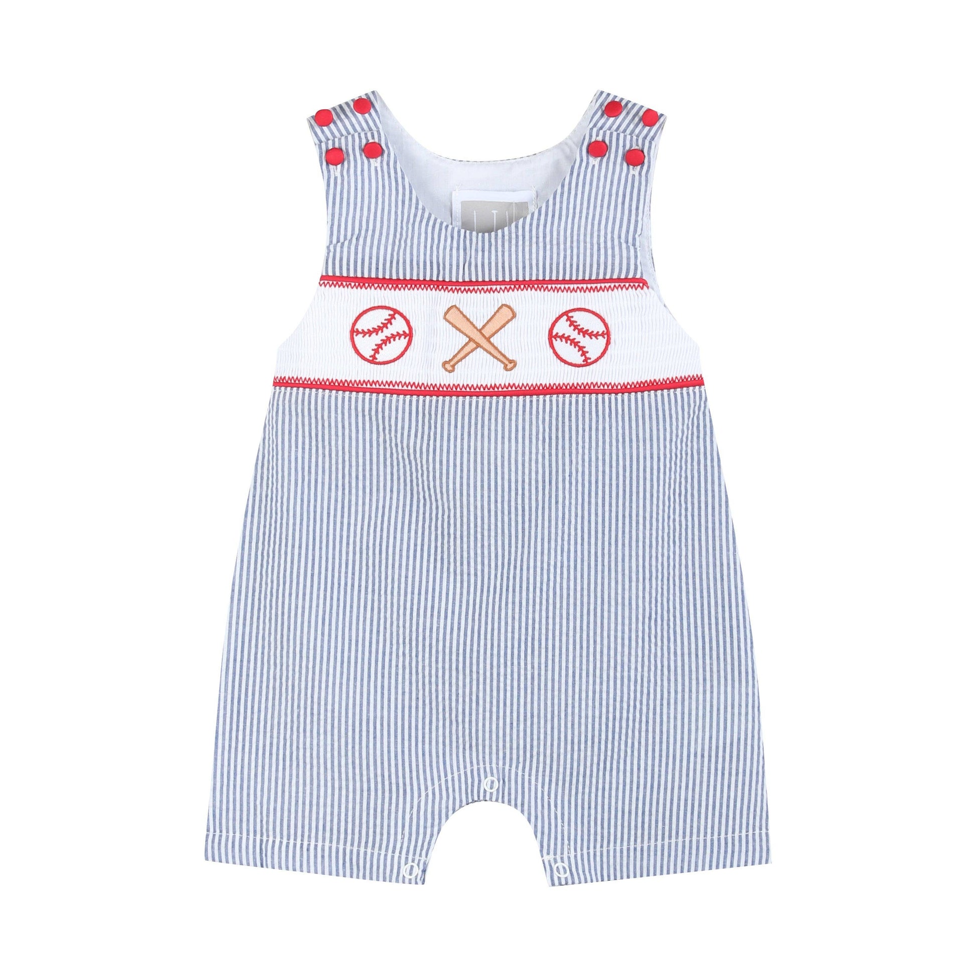 Classic blue seersucker baby boy shortall with embroidered baseballs, crossed bats, and red button shoulder details by Palmetto Kids Boutique.
