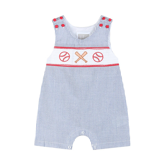 Classic blue seersucker baby boy shortall with embroidered baseballs, crossed bats, and red button shoulder details by Palmetto Kids Boutique.