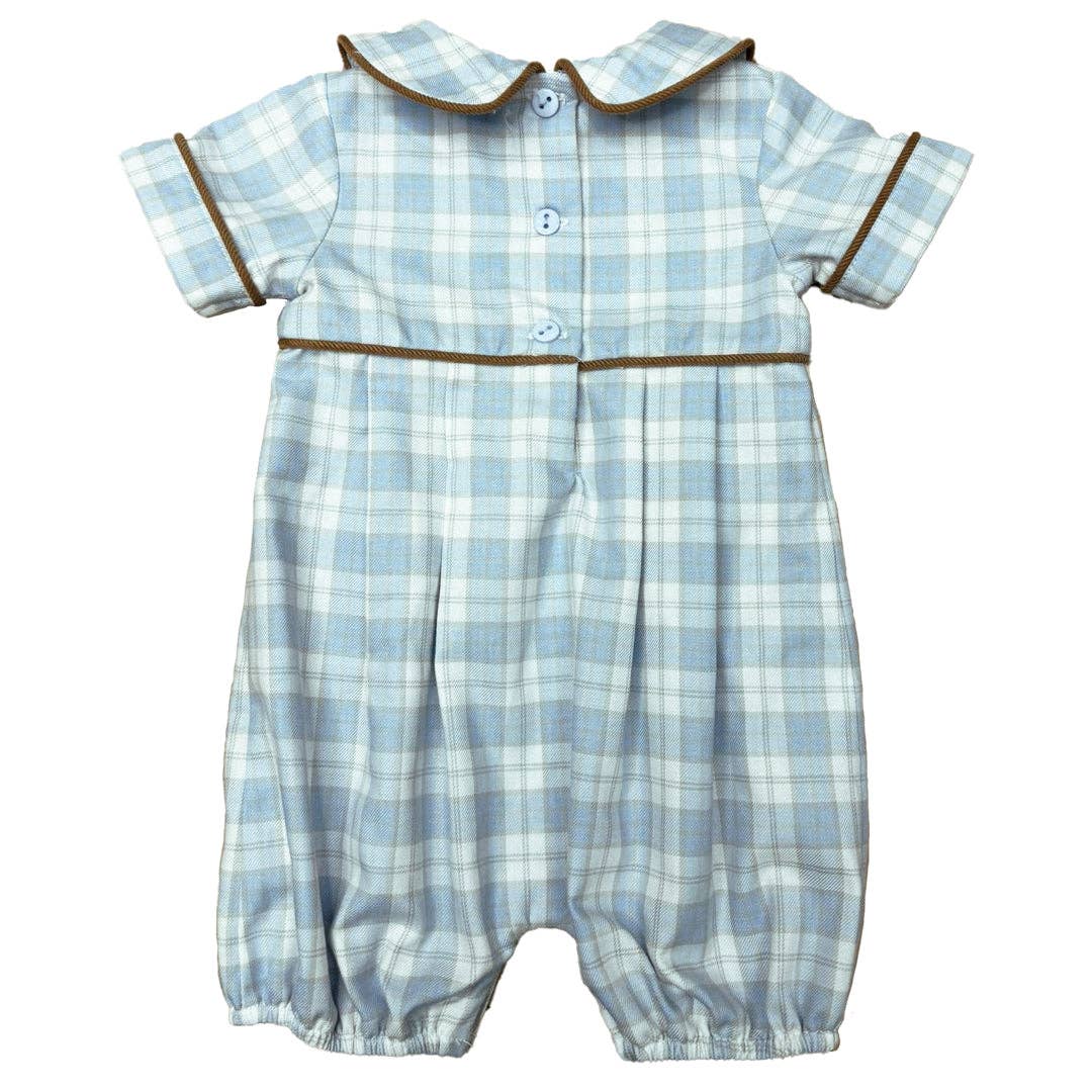 Back view of classic blue plaid baby boy bubble romper with Peter Pan collar