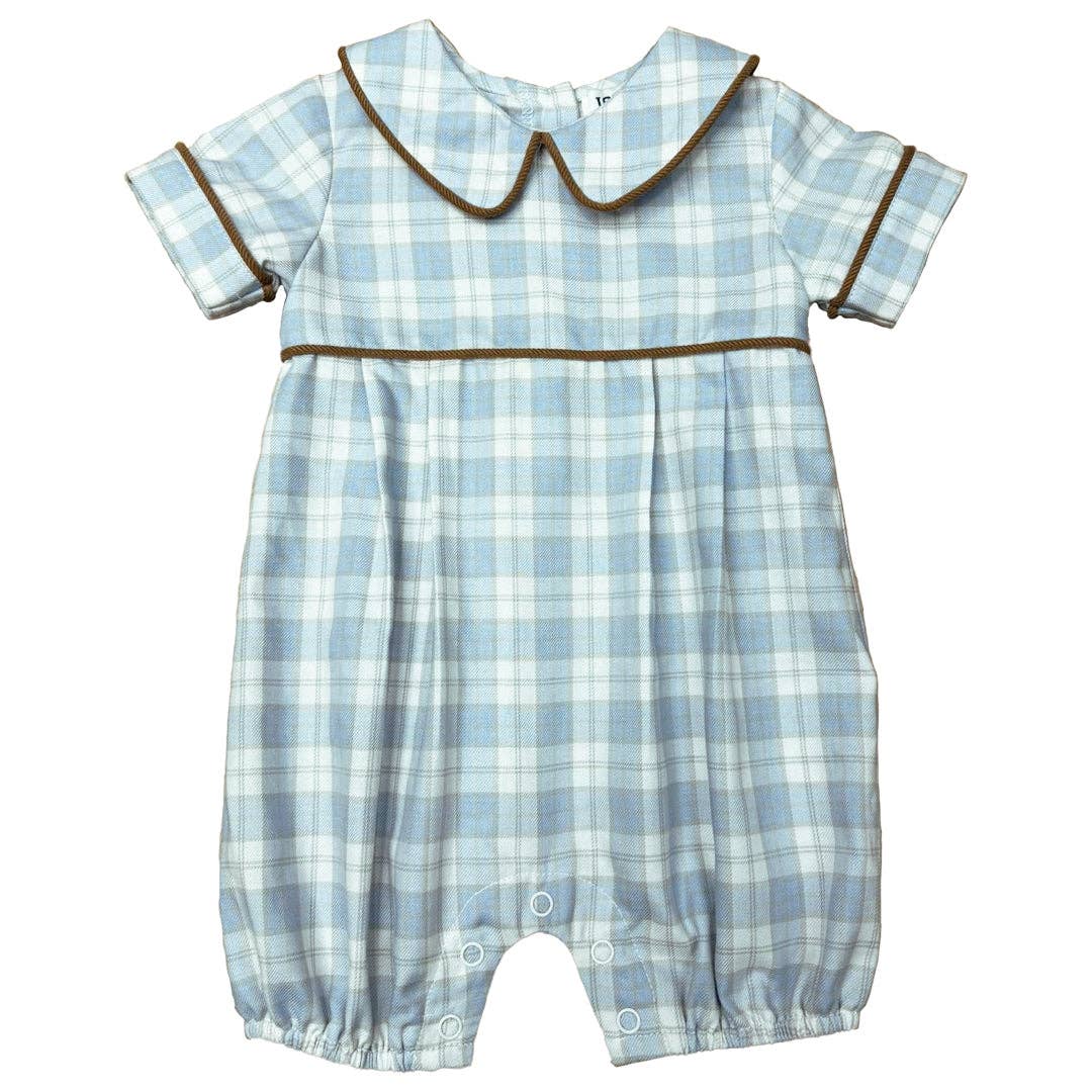 Classic blue plaid baby boy bubble romper with Peter Pan collar and brown piping by Palmetto Kids Boutique