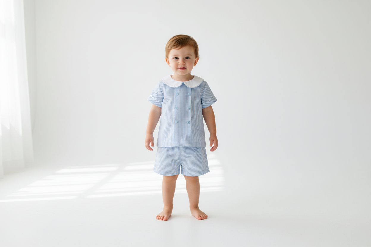 Toddler boy wearing a timeless blue seersucker short set with a white Peter Pan collar at a beachside family gathering.