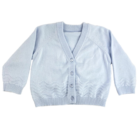 Classic light blue knit baby cardigan featuring a button-front closure and delicate chevron knit detailing by Palmetto Kids Boutique.