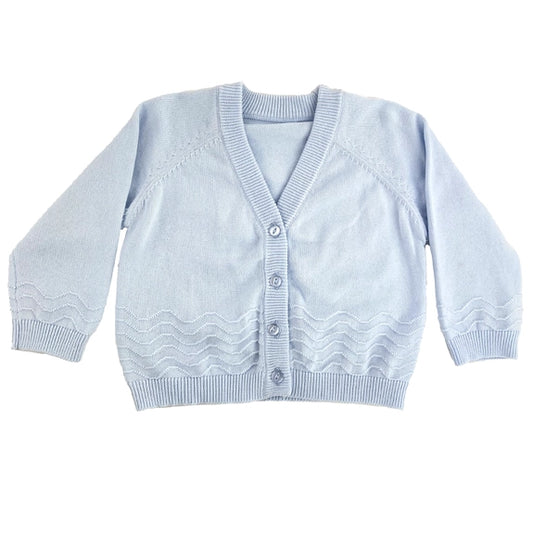 Classic light blue knit baby cardigan featuring a button-front closure and delicate chevron knit detailing by Palmetto Kids Boutique.