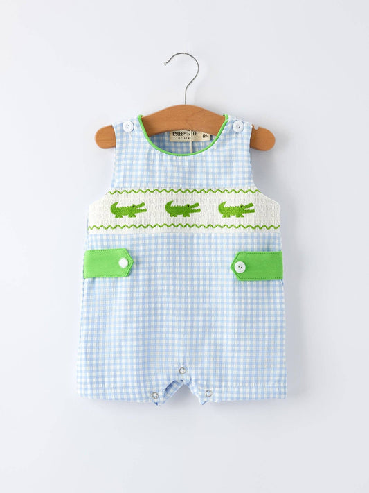 Boys Summer Crocodile Embroidered Smocked Romper