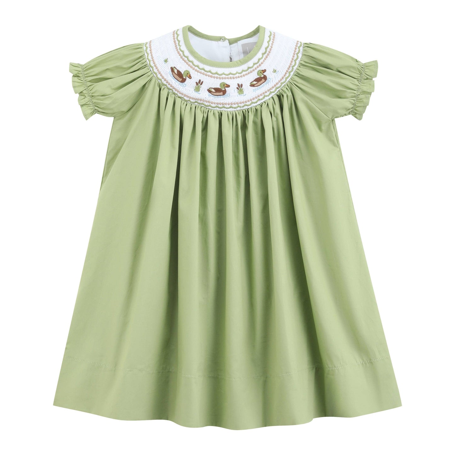 Pistachio green smocked bishop dress with white embroidered yoke featuring mallard ducks and cattails, girls sizes 2T–6Y
