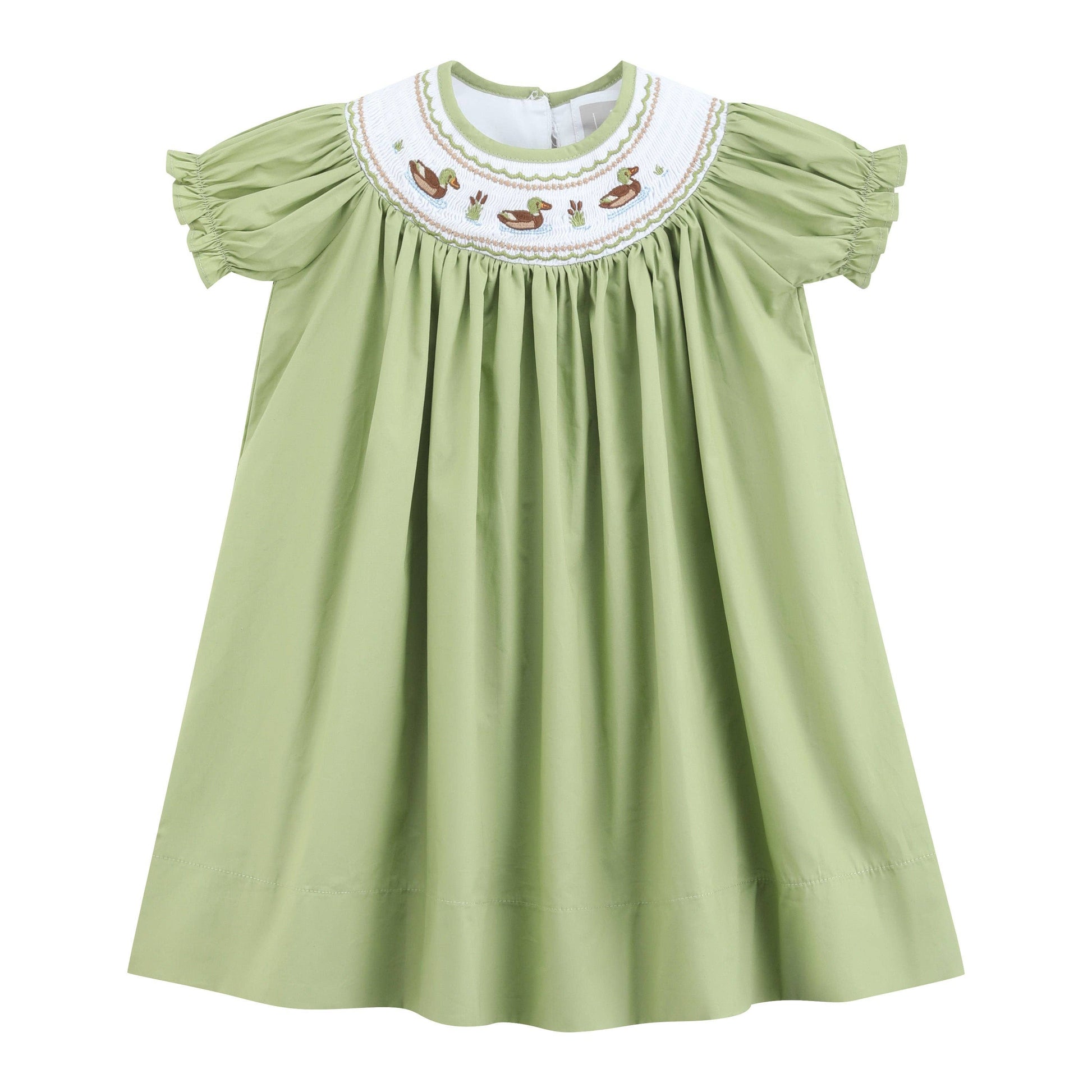 Pistachio green smocked bishop dress with white embroidered yoke featuring mallard ducks and cattails, girls sizes 2T–6Y