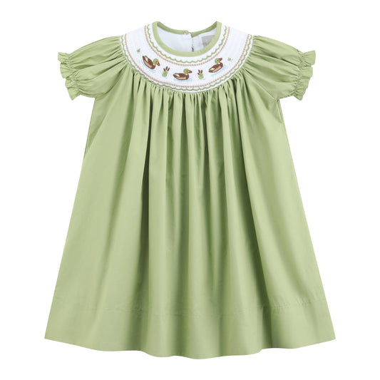 Pistachio green smocked bishop dress with white embroidered yoke featuring mallard ducks and cattails, girls sizes 2T–6Y