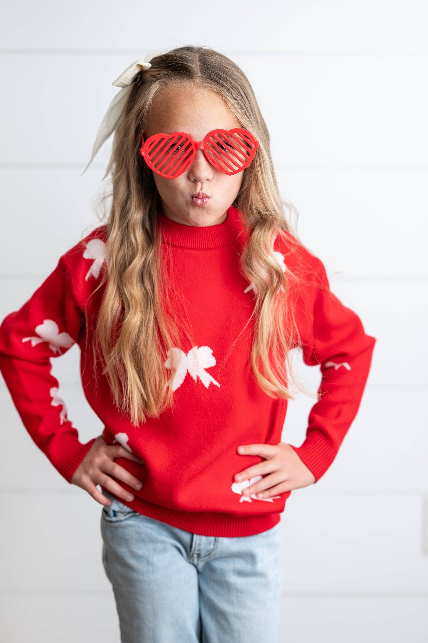 Kids Red Bow Crew Neck Christmas Holiday Winter Sweater