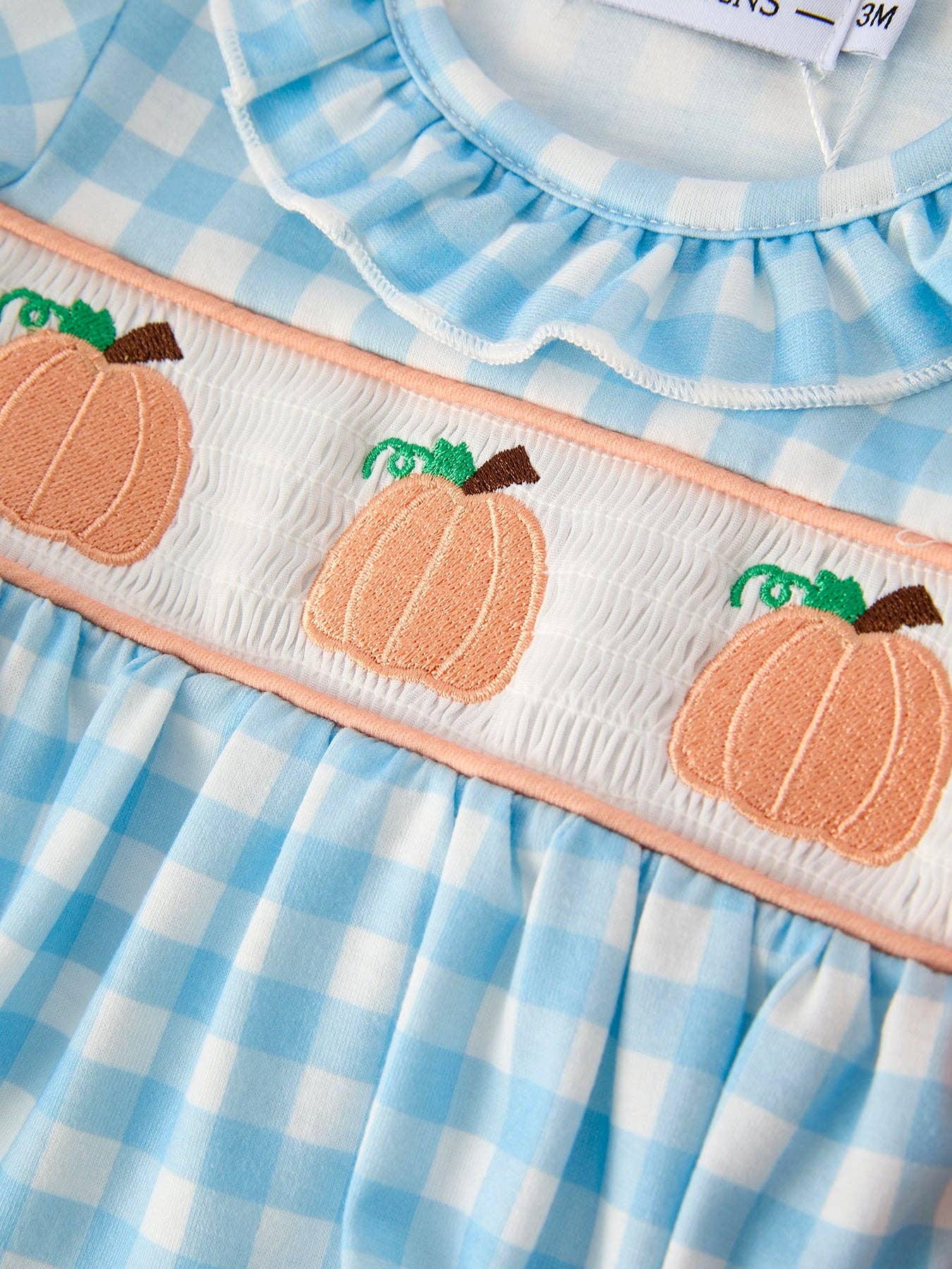 Thanksgiving Pumpkin Embroidery Smocking Blue Plaid Romper